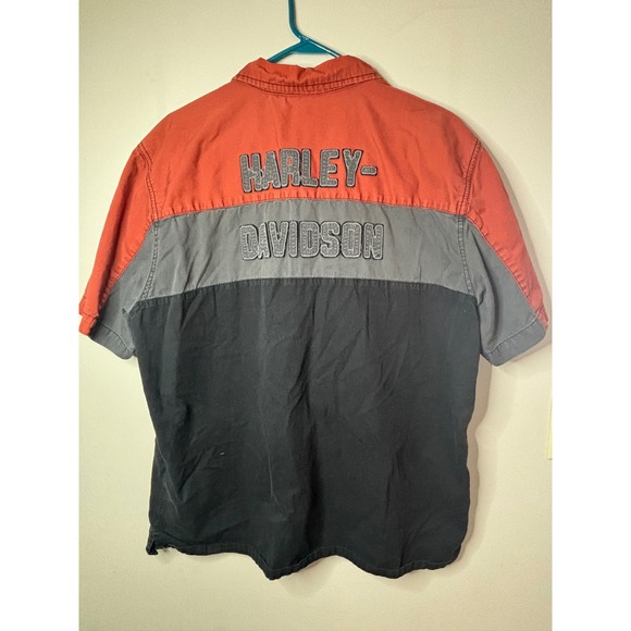 Harley Davidson Mens XL Colorblock Button Up Shirt Orange Grey Black Embroidered - Picture 8 of 8